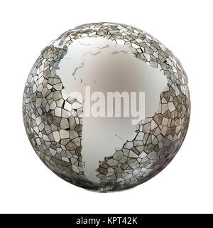 American continents on metallic model of planet Earth. Shiny steel ...