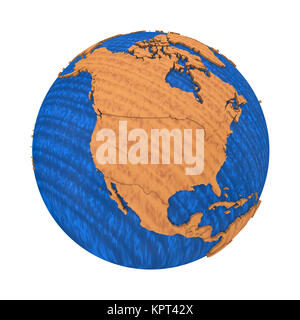 American continents on wooden model of planet Earth with embossed ...