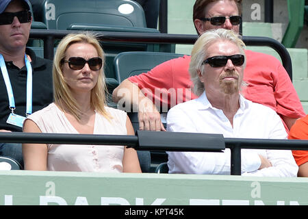 KEY BISCAYNE, FL - MARCH 27: Serena Williams defeats Maria Sharapova during the womans semi finals at the Sony Open at Crandon Park Tennis Center on March 27, 2014 in Key Biscayne, Florida   People:  Sir Richard Branson Stock Photo