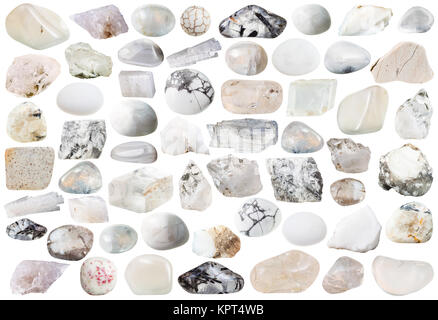 set of white and transparent natural mineral stones and gemstones isolated on white background Stock Photo