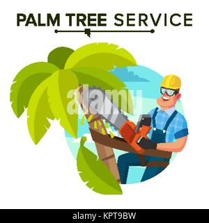 Palm Tree Removal Vector. Trimming Tree Or Removal To Tree Pruning. Flat Cartoon Illustration Stock Vector