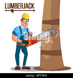 Lumberjack Vector. Classic Logger Man Working With Hand Chainsaw. Isolated Cartoon Flat Character Illustration Stock Vector