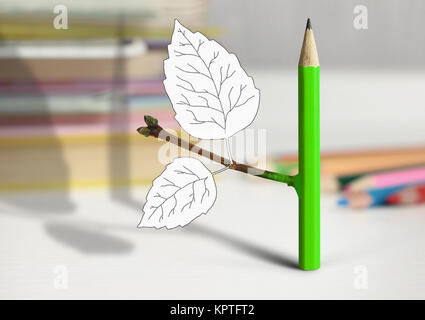 creative idea concept, pencil with leaves on table Stock Photo