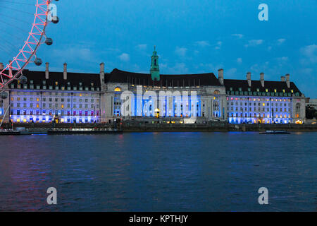The County Hall building at night, home to the Sea Life London Aquarium, London, UK Stock Photo