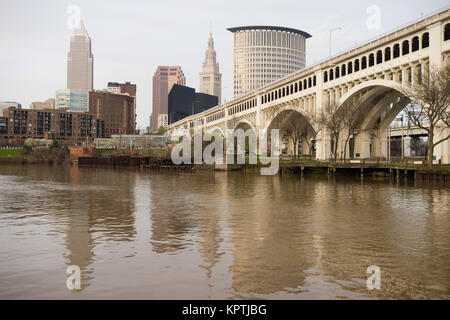 Cleveland Ohio Downtown City Skyline Cuyahoga River Stock Photo