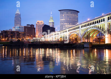 Cleveland Ohio Downtown City Skyline Cuyahoga River Stock Photo