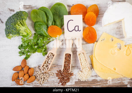 Ingredients or products containing calcium, dietary fiber and natural minerals, healthy lifestyle and nutrition concept Stock Photo