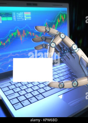 Concept image of software (Robot Trading System) used in the stock market. The robot hand holding a blank card, your business text or logo on the card. Clipping path included. Stock Photo