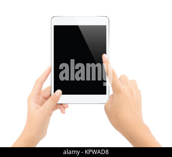close up hand touching on tablet isolated white clipping path inside clean and easy adjustment Stock Photo