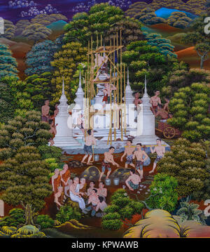 Native Thai mural painting of Thai Buddhist festival Stock Photo
