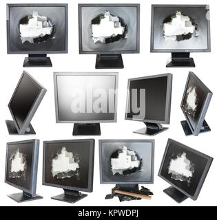 set of old black LCD monitors with broken screens Stock Photo