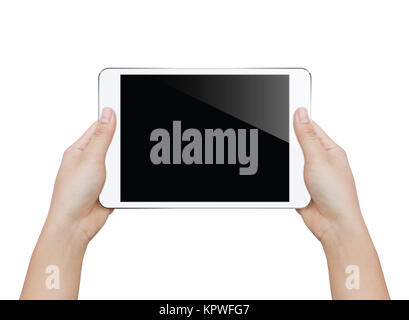 closeup woman hand holding white tablet isolated clipping patch inside image data Stock Photo