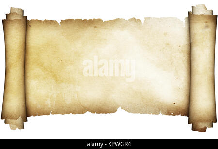 Ancient parchment scroll. Isolated on white background. Stock Photo