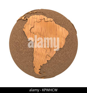 South America on wooden model of planet Earth with embossed continents ...