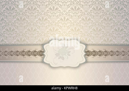 Vintage background with decorative frame,gold rings,white doves and floral patterns for the design of wedding invitation card. Stock Photo