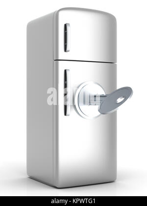 A locked, classic Fridge. 3D rendered Illustration. Isolated on white. Stock Photo