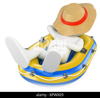 3D white people. Man napping in an inflatable boat Stock Photo