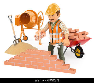3D Construction worker building a brick wall Stock Photo