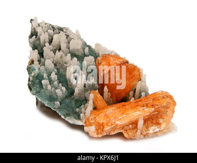 Orange Stilbite Crystals with stalactites covered with quartz crystals Stock Photo