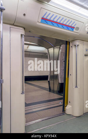 View of the subway station through the open doors of the train wagon Stock Photo