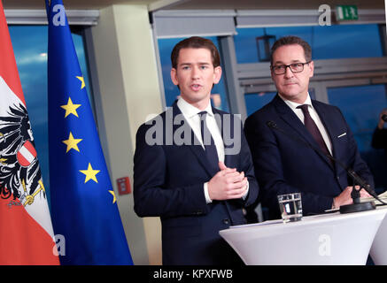 Vienna, Austria. 16th Dec, 2017. Sebastian Kurz (L), leader of the People's Party, and Heinz-Christian Strache, leader of the Freedom Party, attend a press conference in Vienna, capital of Austria, Dec. 16, 2017. The People's Party and the Freedom Party will form a coalition government for the coming five years. Sebastian Kurz will be the chancellor and Heinz-Christian Strache will be the vice chancellor. Credit: Pan Xu/Xinhua/Alamy Live News Stock Photo