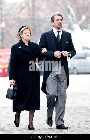 Bucharest, Romania. 16th Dec, 2017. HM Queen Anne Marie of Greece and HRH Prince Nikolaos of Greece leave at the Patriarchal Cathedral in Bucharest, on December 16, 2017, after attending a funeral mass on the occasion of the funeral of King Mihael I of Romania Credit: Albert Nieboer/Netherlands OUT/Point De Vue Out - NO WIRE SERVICE · Credit: Albert Nieboer/RoyalPress/dpa/Alamy Live News Stock Photo