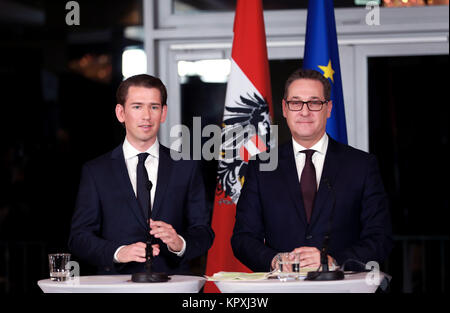 Vienna, Austria. 16th Dec, 2017. Sebastian Kurz(L) of the People's Party and Heinz-Christian Strache of the Freedom Party, who will serve as Austria's chancellor and vice-chancellor respectively, address the media at a joint press conference in Kahlenberg in Vienna, Austria, Dec. 16, 2017. The leaders of the two parties that will form Austria's next coalition government have presented the program for their upcoming five-year term in office to the media on Saturday. Credit: Pan Xu/Xinhua/Alamy Live News Stock Photo