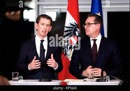 Vienna, Austria. 16th Dec, 2017. Sebastian Kurz(L) of the People's Party and Heinz-Christian Strache of the Freedom Party, who will serve as Austria's chancellor and vice-chancellor respectively, address the media at a joint press conference in Kahlenberg in Vienna, Austria, Dec. 16, 2017. The leaders of the two parties that will form Austria's next coalition government have presented the program for their upcoming five-year term in office to the media on Saturday. Credit: Pan Xu/Xinhua/Alamy Live News Stock Photo