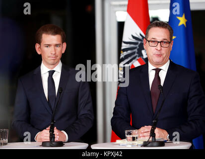 Vienna, Austria. 16th Dec, 2017. Sebastian Kurz (L) of the People's Party and Heinz-Christian Strache of the Freedom Party, who will serve as Austria's chancellor and vice-chancellor respectively, address the media at a joint press conference in Kahlenberg in Vienna, Austria, Dec. 16, 2017. The leaders of the two parties that will form Austria's next coalition government have presented the program for their upcoming five-year term in office to the media on Saturday. Credit: Pan Xu/Xinhua/Alamy Live News Stock Photo