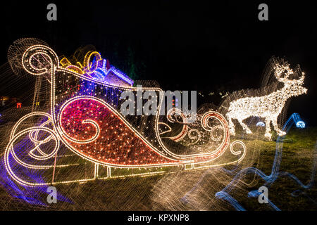 Berlin, Germany. 17th Dec, 2017. An illuminated sled and reindeers stand at the botanical gardens in Berlin, Germany, 17 December 2017. At nightfall visitors are able to admire the more than one million lights in the Christmas Garden until 07 January 2018. Credit: Paul Zinken/dpa/Alamy Live News Stock Photo