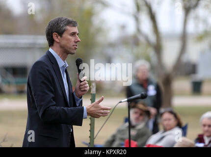 Rep. 17th Dec, 2017. Beto O'Rourke, D-Texas addresses the crowd during a town hall meeting at the Columbus RV Park and Campground in Columbus, TX. John Glaser/CSM/Alamy Live News Stock Photo