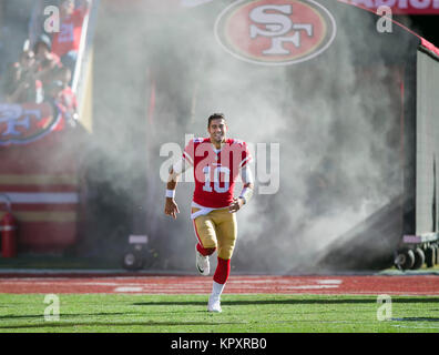 Halftime. 17th Dec, 2017. San Francisco 49ers quarterback Jimmy Garoppolo (10) takes the field prior to the NFL football game between the Tennessee Titans and the San Francisco 49ers at Levi's Stadium in Santa Clara, CA. The 49ers lead the Titans 16-10 at halftime. Damon Tarver/Cal Sport Media/Alamy Live News Stock Photo