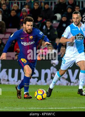 Barcelona, Spain. 17th Dec, 2017. FC Barcelona's Lionel Messi (L) competes during a Spanish League match between FC Barcelona and RC Deportivo in Barcelona, Spain, Dec. 17, 2017. Credit: Joan Gosa/Xinhua/Alamy Live News Stock Photo