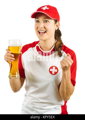 Swiss sports fan cheering with beer Stock Photo