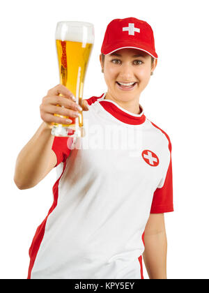 Happy Swiss sports fan cheering with beer Stock Photo