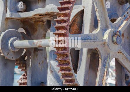 Old rusty weathered sea boats gears on a port Stock Photo