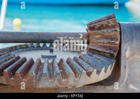Old rusty weathered sea boats gears on a port Stock Photo