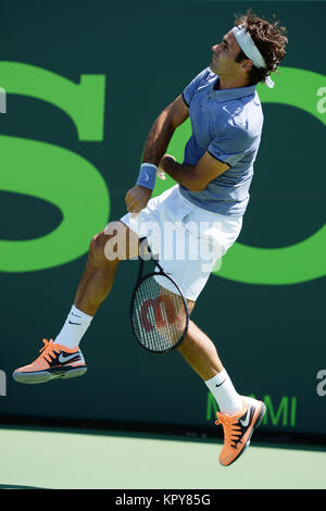 KEY BISCAYNE, FL - MARCH 21: Roger Federer at Sony Open Tennis at Crandon Park Tennis Center on March 21, 2014 in Key Biscayne, Florida   People:  Roger Federer Stock Photo