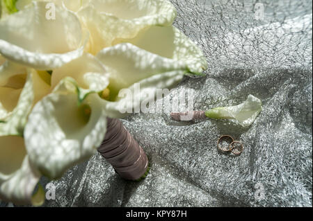 wedding bouquet, White Calla Marsh palustris, Bog Arum, Water-arum, family Araceae. Stock Photo