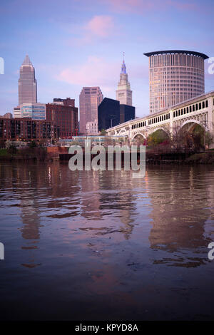 Cleveland Ohio Downtown City Skyline Cuyahoga River Stock Photo