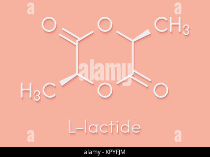 L-lactide PLA precursor molecule. Used in synthesis of polymeric polylactic acid (polylactide, polylactate) plastic. Skeletal formula. Stock Photo