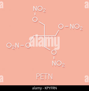 Pentaerythritol tetranitrate (PETN) explosive molecule. Also used as angina drug (nitrate class). Skeletal formula. Stock Photo