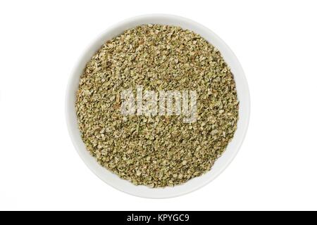 overhead shot of tea leaves in bowl Stock Photo