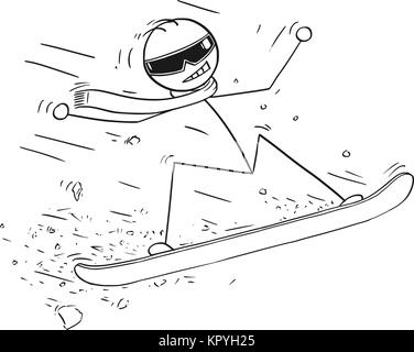 Cartoon stick man drawing illustration of man snowboarding on snowboard. Stock Vector