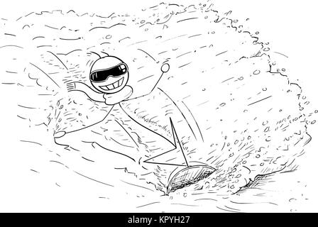 Cartoon stick man drawing illustration of man snowboarding on snowboard. Stock Vector