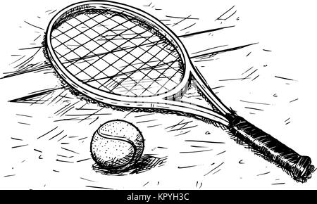 Vector hand drawing drawn illustration of tennis racket and ball on the court ground. Stock Vector