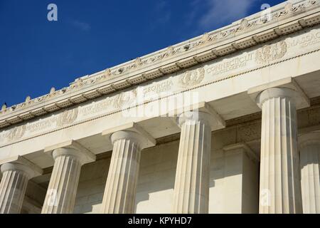 Close up detail shot of white marble doric columns and supports of the Greek temple style Lincoln Memorial, Washington DC, USA on a sunny bright day Stock Photo