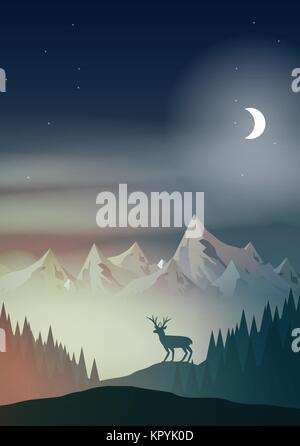 Night in Mountains with Stag on Hill Top Pine Forest Landscape - Vector Illustration Stock Vector