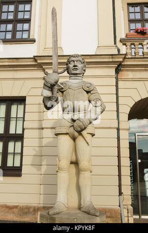 Magdeburger Roland (Magdeburg Roland) by German sculptor Martina Seffers (2005) in front of the Alte Rathaus (Old Town Hall) in Magdeburg, Saxony-Anhalt, Germany. Stock Photo