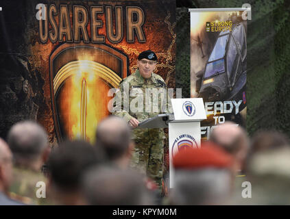 Gen. Curtis M. Scaparotti, United States European Command (EUCOM) Commander, makes remarks in honor of Lt. Gen. Frederick 'Ben' Hodges, the outgoing USAREUR Commander after the USAREUR Relinquishment of Command Ceremony on Clay Kaserne, Wiesbaden, Germany Dec. 15, 2017. (U.S. Army Stock Photo